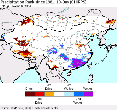 China, Mongolia and Taiwan Precipitation Rank since 1981, 10-Day (CHIRPS) Thematic Map For 4/21/2024 - 4/30/2024