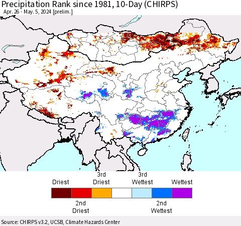 China, Mongolia and Taiwan Precipitation Rank since 1981, 10-Day (CHIRPS) Thematic Map For 4/26/2024 - 5/5/2024