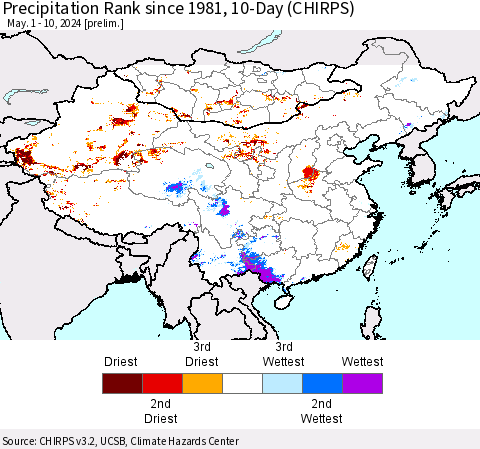 China, Mongolia and Taiwan Precipitation Rank since 1981, 10-Day (CHIRPS) Thematic Map For 5/1/2024 - 5/10/2024