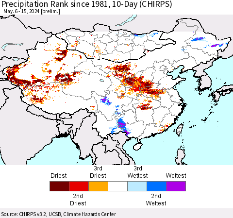 China, Mongolia and Taiwan Precipitation Rank since 1981, 10-Day (CHIRPS) Thematic Map For 5/6/2024 - 5/15/2024