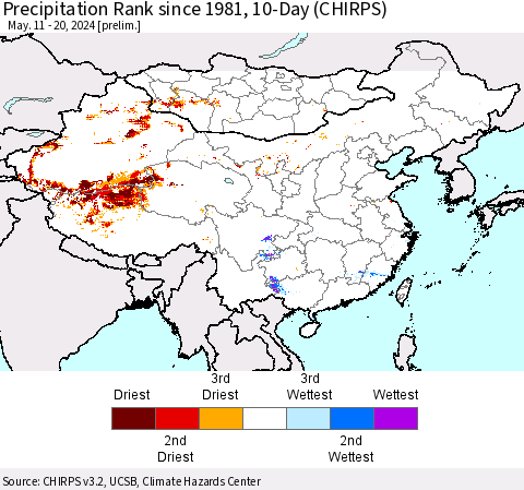 China, Mongolia and Taiwan Precipitation Rank since 1981, 10-Day (CHIRPS) Thematic Map For 5/11/2024 - 5/20/2024