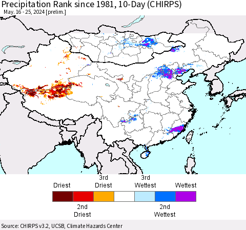 China, Mongolia and Taiwan Precipitation Rank since 1981, 10-Day (CHIRPS) Thematic Map For 5/16/2024 - 5/25/2024