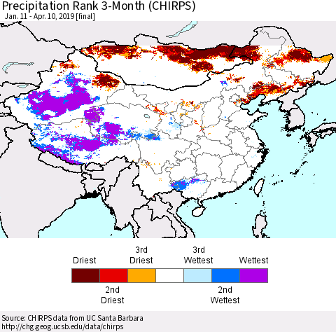China and Taiwan Precipitation Rank 3-Month (CHIRPS) Thematic Map For 1/11/2019 - 4/10/2019