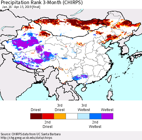 China, Mongolia and Taiwan Precipitation Rank since 1981, 3-Month (CHIRPS) Thematic Map For 1/16/2019 - 4/15/2019