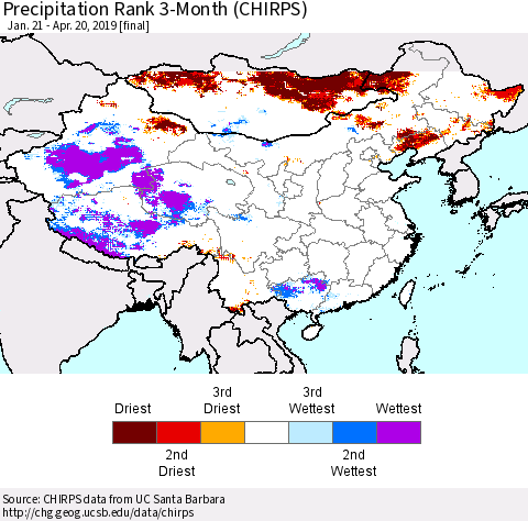 China, Mongolia and Taiwan Precipitation Rank since 1981, 3-Month (CHIRPS) Thematic Map For 1/21/2019 - 4/20/2019
