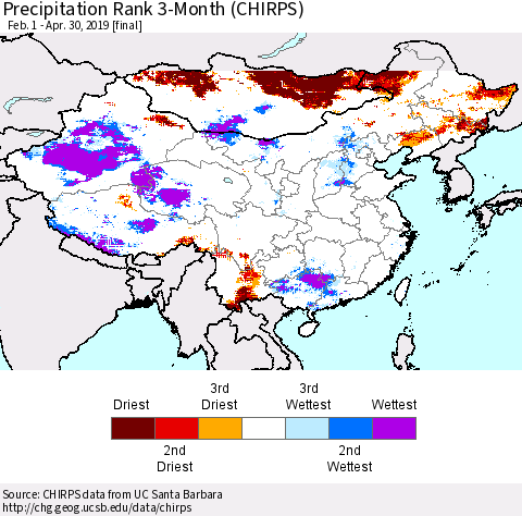 China and Taiwan Precipitation Rank 3-Month (CHIRPS) Thematic Map For 2/1/2019 - 4/30/2019