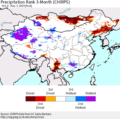 China, Mongolia and Taiwan Precipitation Rank since 1981, 3-Month (CHIRPS) Thematic Map For 2/6/2019 - 5/5/2019