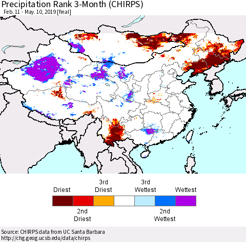 China and Taiwan Precipitation Rank 3-Month (CHIRPS) Thematic Map For 2/11/2019 - 5/10/2019