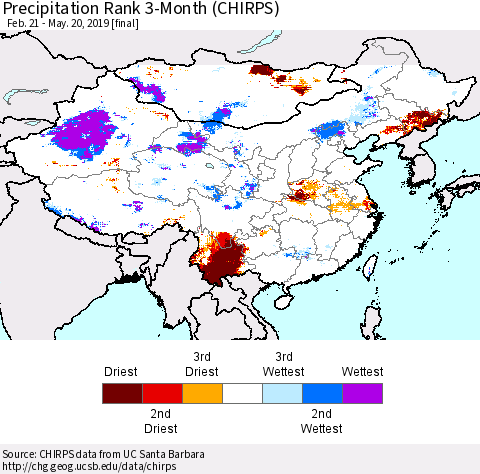 China and Taiwan Precipitation Rank 3-Month (CHIRPS) Thematic Map For 2/21/2019 - 5/20/2019