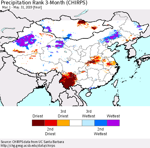 China and Taiwan Precipitation Rank 3-Month (CHIRPS) Thematic Map For 3/1/2019 - 5/31/2019