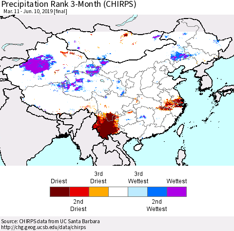 China and Taiwan Precipitation Rank 3-Month (CHIRPS) Thematic Map For 3/11/2019 - 6/10/2019