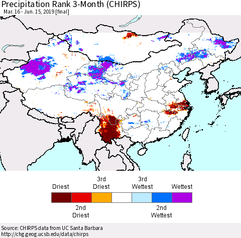 China, Mongolia and Taiwan Precipitation Rank since 1981, 3-Month (CHIRPS) Thematic Map For 3/16/2019 - 6/15/2019