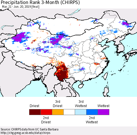 China and Taiwan Precipitation Rank 3-Month (CHIRPS) Thematic Map For 3/21/2019 - 6/20/2019