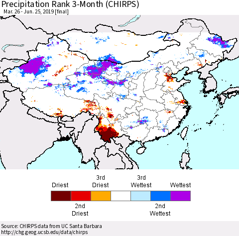 China, Mongolia and Taiwan Precipitation Rank since 1981, 3-Month (CHIRPS) Thematic Map For 3/26/2019 - 6/25/2019