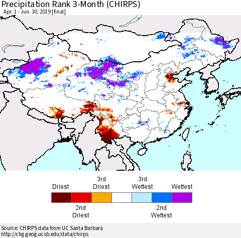 China and Taiwan Precipitation Rank 3-Month (CHIRPS) Thematic Map For 4/1/2019 - 6/30/2019