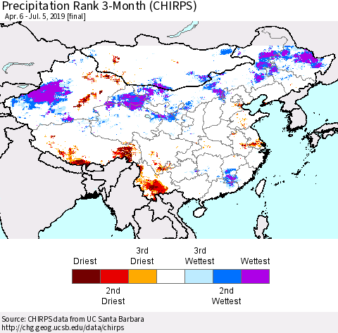 China and Taiwan Precipitation Rank 3-Month (CHIRPS) Thematic Map For 4/6/2019 - 7/5/2019