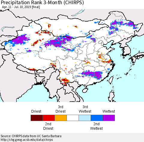 China and Taiwan Precipitation Rank 3-Month (CHIRPS) Thematic Map For 4/11/2019 - 7/10/2019