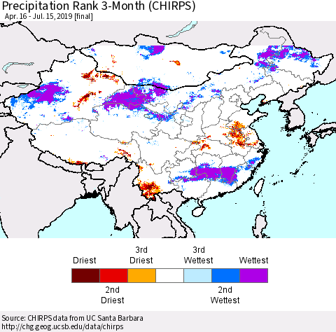China and Taiwan Precipitation Rank 3-Month (CHIRPS) Thematic Map For 4/16/2019 - 7/15/2019