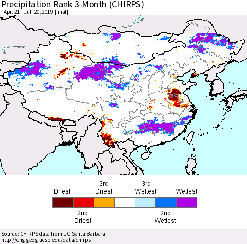 China and Taiwan Precipitation Rank 3-Month (CHIRPS) Thematic Map For 4/21/2019 - 7/20/2019