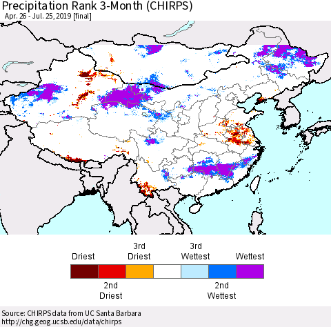 China and Taiwan Precipitation Rank 3-Month (CHIRPS) Thematic Map For 4/26/2019 - 7/25/2019