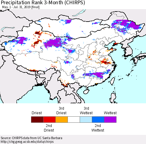 China and Taiwan Precipitation Rank 3-Month (CHIRPS) Thematic Map For 5/1/2019 - 7/31/2019