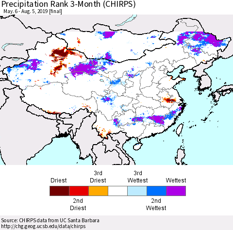 China and Taiwan Precipitation Rank 3-Month (CHIRPS) Thematic Map For 5/6/2019 - 8/5/2019