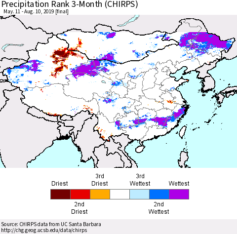 China and Taiwan Precipitation Rank 3-Month (CHIRPS) Thematic Map For 5/11/2019 - 8/10/2019