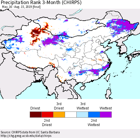 China, Mongolia and Taiwan Precipitation Rank since 1981, 3-Month (CHIRPS) Thematic Map For 5/16/2019 - 8/15/2019