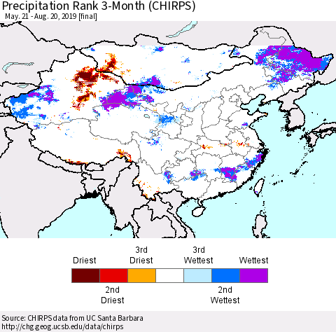 China and Taiwan Precipitation Rank 3-Month (CHIRPS) Thematic Map For 5/21/2019 - 8/20/2019