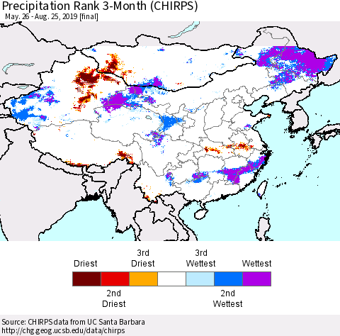 China and Taiwan Precipitation Rank 3-Month (CHIRPS) Thematic Map For 5/26/2019 - 8/25/2019