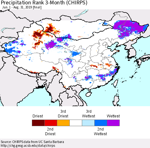 China and Taiwan Precipitation Rank 3-Month (CHIRPS) Thematic Map For 6/1/2019 - 8/31/2019