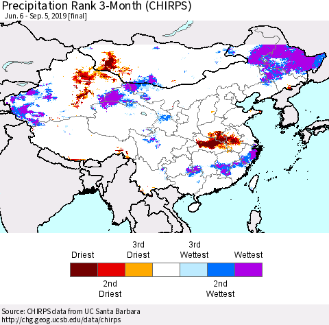 China and Taiwan Precipitation Rank 3-Month (CHIRPS) Thematic Map For 6/6/2019 - 9/5/2019