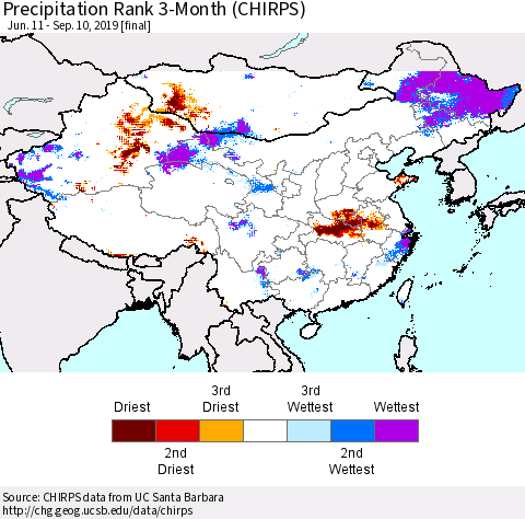 China, Mongolia and Taiwan Precipitation Rank since 1981, 3-Month (CHIRPS) Thematic Map For 6/11/2019 - 9/10/2019