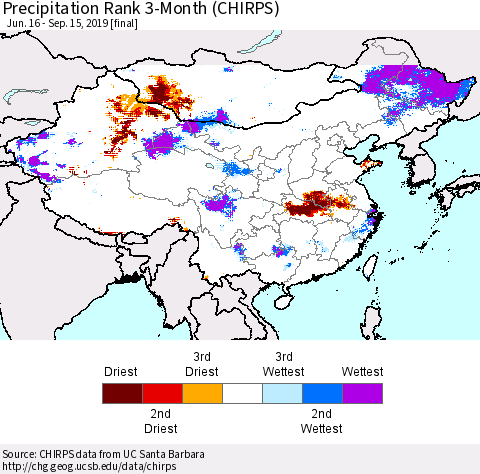 China, Mongolia and Taiwan Precipitation Rank since 1981, 3-Month (CHIRPS) Thematic Map For 6/16/2019 - 9/15/2019