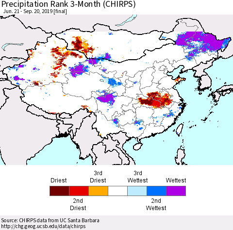 China and Taiwan Precipitation Rank 3-Month (CHIRPS) Thematic Map For 6/21/2019 - 9/20/2019