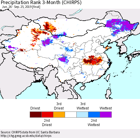 China and Taiwan Precipitation Rank 3-Month (CHIRPS) Thematic Map For 6/26/2019 - 9/25/2019