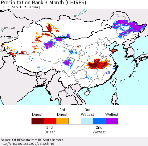 China, Mongolia and Taiwan Precipitation Rank since 1981, 3-Month (CHIRPS) Thematic Map For 7/1/2019 - 9/30/2019