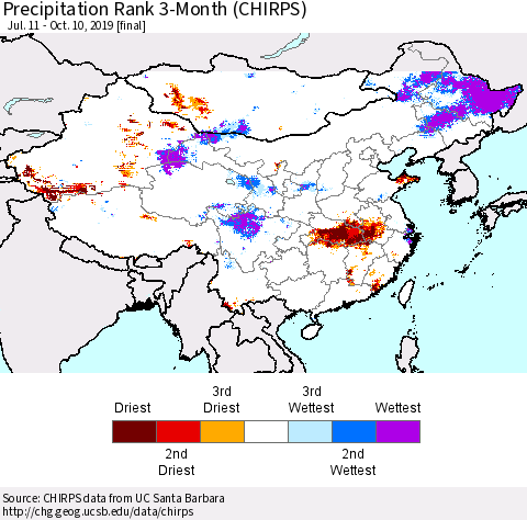 China and Taiwan Precipitation Rank 3-Month (CHIRPS) Thematic Map For 7/11/2019 - 10/10/2019