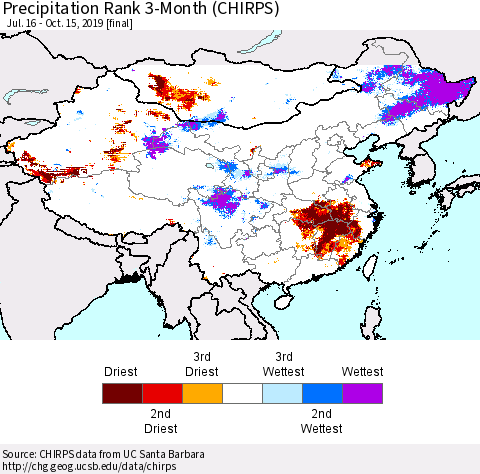 China and Taiwan Precipitation Rank 3-Month (CHIRPS) Thematic Map For 7/16/2019 - 10/15/2019