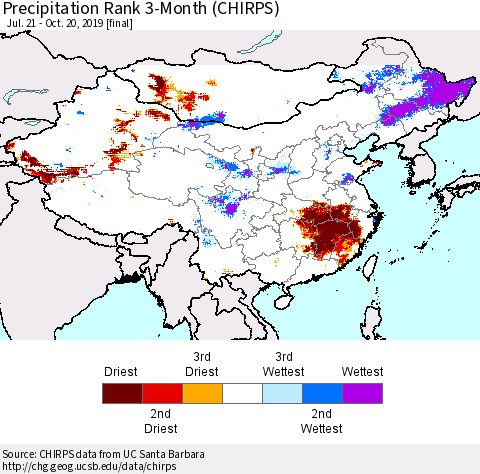 China, Mongolia and Taiwan Precipitation Rank since 1981, 3-Month (CHIRPS) Thematic Map For 7/21/2019 - 10/20/2019