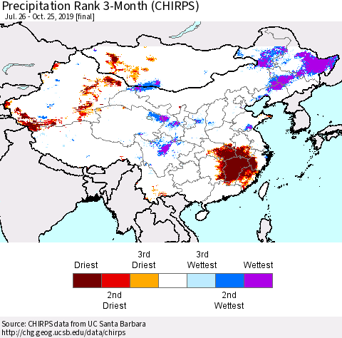 China and Taiwan Precipitation Rank 3-Month (CHIRPS) Thematic Map For 7/26/2019 - 10/25/2019