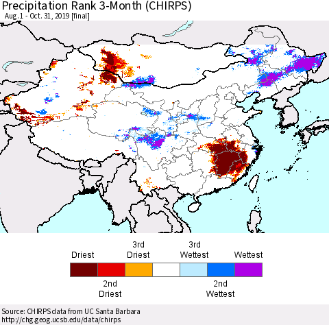 China and Taiwan Precipitation Rank 3-Month (CHIRPS) Thematic Map For 8/1/2019 - 10/31/2019
