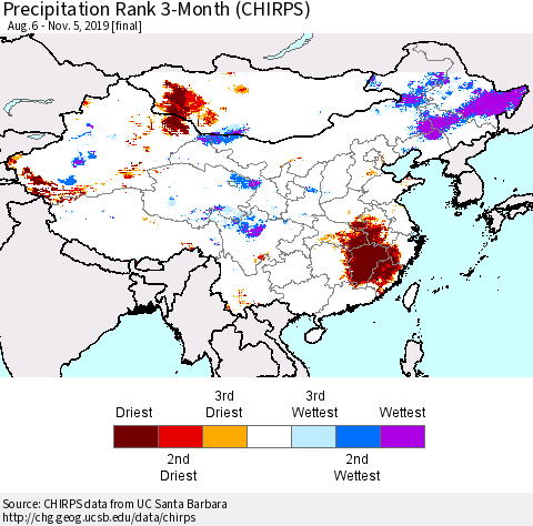 China and Taiwan Precipitation Rank 3-Month (CHIRPS) Thematic Map For 8/6/2019 - 11/5/2019