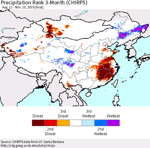 China and Taiwan Precipitation Rank 3-Month (CHIRPS) Thematic Map For 8/11/2019 - 11/10/2019