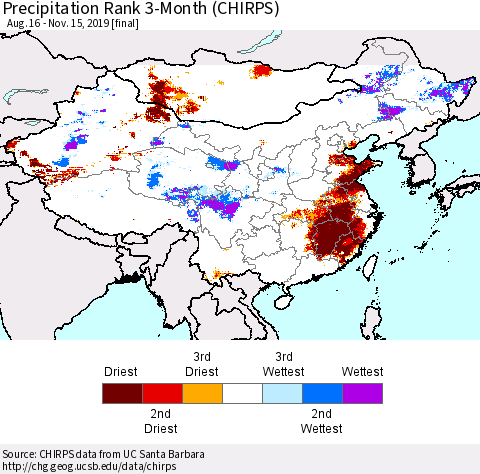 China, Mongolia and Taiwan Precipitation Rank since 1981, 3-Month (CHIRPS) Thematic Map For 8/16/2019 - 11/15/2019
