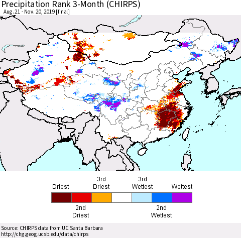 China and Taiwan Precipitation Rank 3-Month (CHIRPS) Thematic Map For 8/21/2019 - 11/20/2019