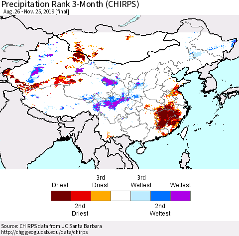 China, Mongolia and Taiwan Precipitation Rank since 1981, 3-Month (CHIRPS) Thematic Map For 8/26/2019 - 11/25/2019
