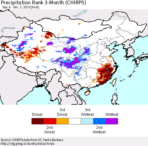 China and Taiwan Precipitation Rank 3-Month (CHIRPS) Thematic Map For 9/6/2019 - 12/5/2019