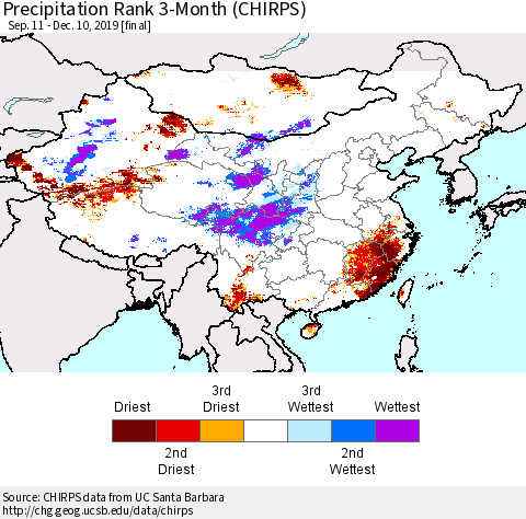 China and Taiwan Precipitation Rank 3-Month (CHIRPS) Thematic Map For 9/11/2019 - 12/10/2019