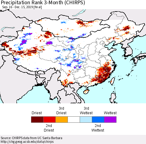 China and Taiwan Precipitation Rank 3-Month (CHIRPS) Thematic Map For 9/16/2019 - 12/15/2019